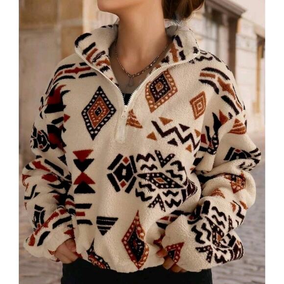 Cropped Aztec Sherpa Pullover Sweatshirt L Women’s Cozy Fall Winter eUC - Picture 1 of 8